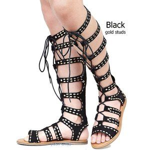 New Black Gold Studded Knee High Gladiator Sandals